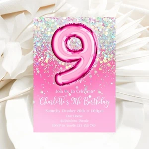 YOU PRINT, 9th Birthday Girl Personalised Digital Printable Pink Invitation - Picture 1 of 2