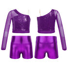 Girls Costume Sequins Outfit Tops Clothes Set Performance Crop Top Sheer Dance