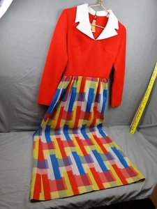 Vintage Momentum Kleid rot V-Ausschnitt Color Block Langarm volle Länge 60er 70er - Bild 1 von 23