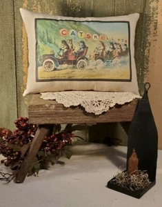 ADORABLE VINTAGE VICTORIAN SHAKER FOLK ART NEW YORK CATSKILL CATS IN CARS PILLOW - Picture 1 of 9