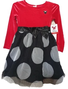 Disney Minnie Mouse Girls Dress Size 4T Red Velour Polka Dot Ruffled Long Sleeve - Picture 1 of 11