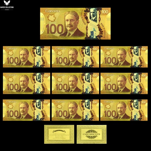 10pcs/lot 100 CAD Gold Banknotes with Golden Certificate Wholesale Goods Cover