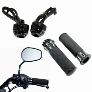 Black Motorcycle 1" Handlebar Hand Grips +Switch Controls Housing Fit For Harley - Picture 1 of 14