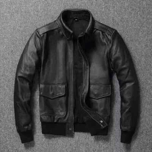 Men Black Navy Flying Pilot A2 G1 Bomber Aviator Biker Retro Real Leather Jacket - Picture 1 of 5