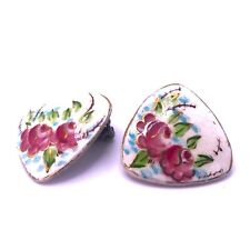 Vintage Clip On Earrings Hand Painted Cabbage Rose Glazed White Ceramic Goldtone