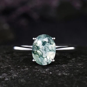 Moss Agate Ring, Stacking Ring, Delicate Ring, Oval Moss Agate Ring - Picture 1 of 6