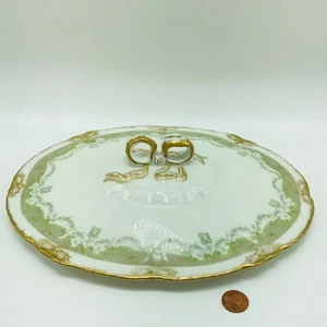 Limoges Auflaufform Deckel Haviland mit goldgrünen Details Schleife Griff Endstück - Bild 1 von 7