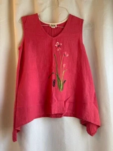 Odile Size S Dark Pink Linen Oversized sleeveless Summer Top w/ Painted Flowers - Picture 1 of 5