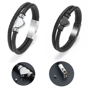 Double Layer Braided Leather Bracelet Heart Urn Locket for Cremation Ashe Bangle - Picture 1 of 4