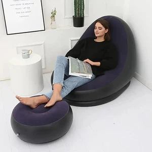 Inflatable Chair Foot Stool Sun Lounger Set Large Blow Up PVC Camping Gaming 2pc - Picture 1 of 11