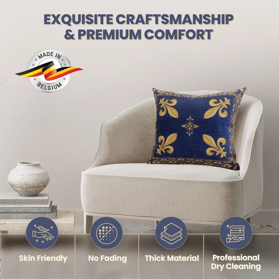 Fleur De Lys Blue Medieval Belgian Tapestry Cushion Throw Pillow Covers 18"x18" - Image 1 of 4