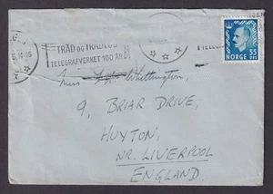 NORWAY 1955 Cover Oslo to Liverpool UK slogan cancel "TELEGRAFVERKET 100 ÅR" - Picture 1 of 3