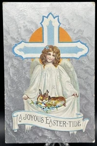 1907-1915 Eine fröhliche Osterzeit-Postkarte geteilte Rückseite Ära Engel Kaninchen - Bild 1 von 2