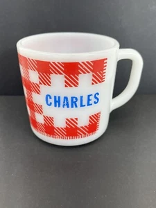 Vintage Westfield CHARLES Coffee Mug Red Checkered Milk Glass 1950s MCM Retro - Picture 1 of 7