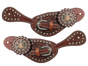 JUGENDSPORNRIEMEN Silber Nieten Eiche verziert Leder Vintage Rosette Conchos - Bild 1 von 1