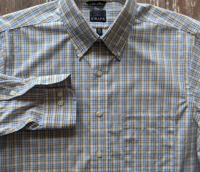 Camisa Chaps No Iron Calce Clásico Manga Larga Botón 15.5 32-33 Cuadros Azul Tostado  Foto 1 de 4