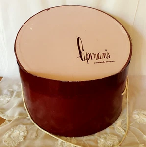 Vintage Hat Box Lipman's of Portland Large Round Pink Burgundy Cord Handle 50s - Picture 1 of 10