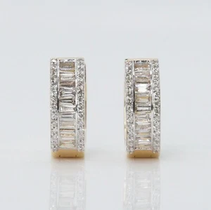 14k Solid Gold Baguette Diamond Hoop Earrings Huggies - Picture 1 of 2