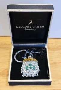 Killarney Crystal "Pot of Gold" Shamrock Clover Keychain White Enamel Ireland - Picture 1 of 6