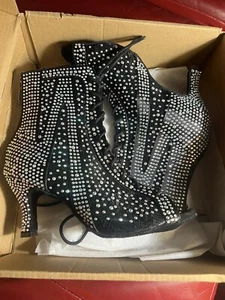 Never Worn! Ballroom, Tango, Jazz, Dance Shoe Bootie Rhinestone Lace Up Open Toe - Picture 1 of 11