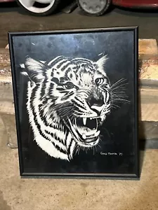 BLACK & WHITE TIGER ARTWORK SIGNED GINGI MARTIN ‘75 FRAMED - Picture 1 of 4
