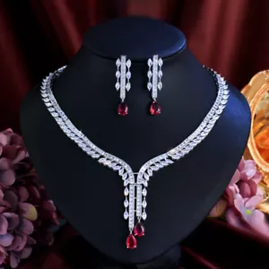 Silver Plated CZ Red Drop Dangle Earrings Leaf Necklace Jewelry Set for Brides - Picture 1 of 9