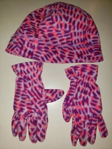 girls size SMALL / MEDIUM PURPLE PINK LEOPARD FLEECE HAT GLOVES SET OLD NAVY - Picture 1 of 2