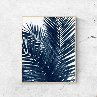 Palm Leaves Navy Blue Art Wall Poster Print. Great Modern Home Decor - Image 1 of 4