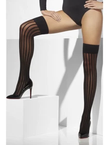 Black Sheer Hold Ups Ladies Fancy Dress Stockings One SIze Verticle Stripe - Picture 1 of 2