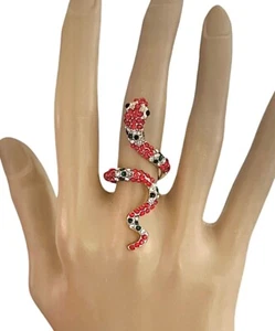 Fun Coral Snake Serpent Orange Clear Black Rhinestones Adjustable Ring - Picture 1 of 3