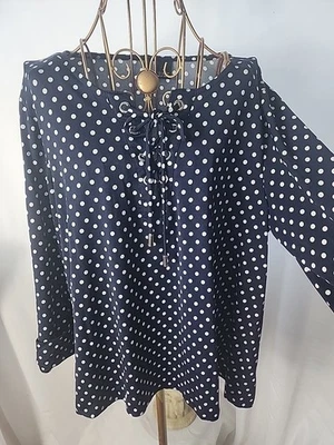 Navy Blue Polka Dot Nautical Grommet Tie Front Womens Stretchy Size L 3/4 Sleeve - Image 1 of 4
