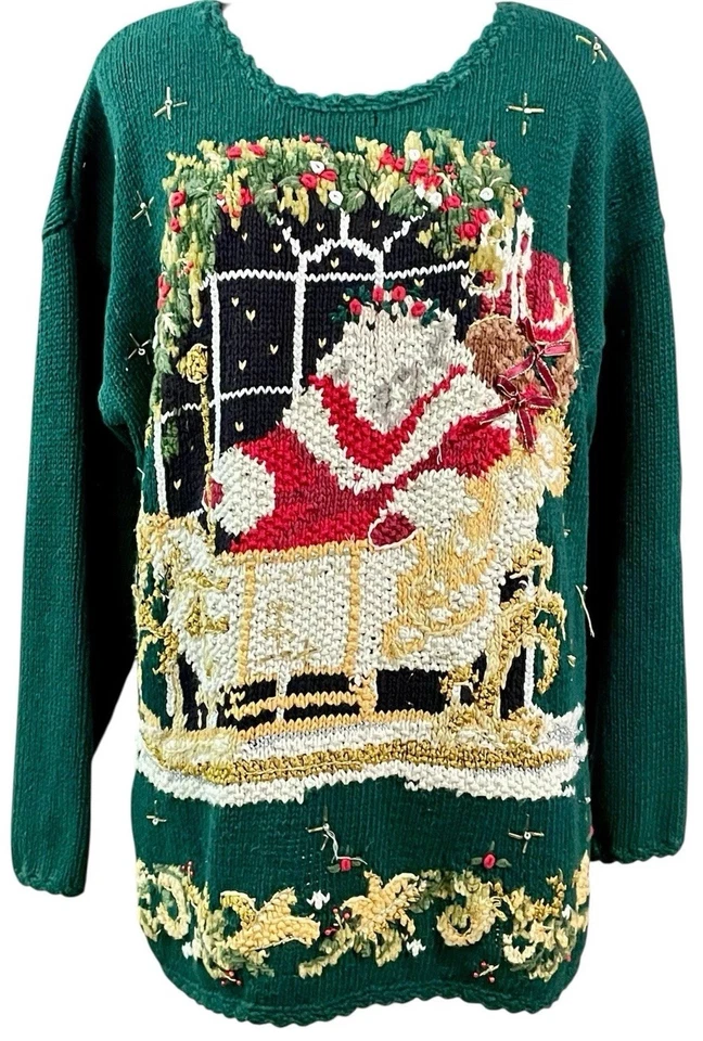 Embroidered Ugly Santa Christmas Sweater L Beaded VTG  Tiara International - Image 1 of 4