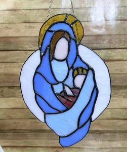 VTG Virgin Mary Baby Jesus Stain Glass Sun Catcher Christmas Window Hanging - Picture 1 of 4