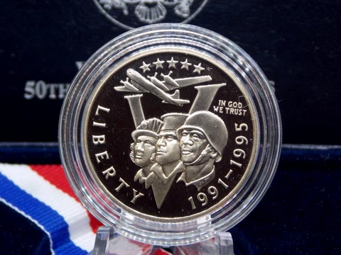 1991-1995 "P" World War II 50th Anniversary PROOF Clad Half Dollar 50c Box & COA Cover
