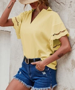 La Mode Yellow V-Neck Eyelet Lace Short-Sleeve V-Neck Top Size XXL - Picture 1 of 3