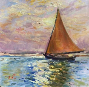 Original Ölgemälde, Sommersegelboot auf See, Impressionismus - Bild 1 von 5