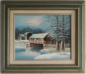 Puente cubierto K Michaelson años 70 en invierno pintura al óleo vintage, firmado, enmarcado - Imagen 1 de 4