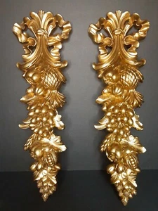 Vintage SYROCO Pair of Wall Hangings Nuts~Berries Gold Hollywood Regency - Picture 1 of 5
