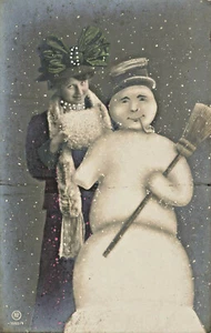 Germany Beautiful Woman With Smoking Snowman Broom Postcard - Picture 1 of 2