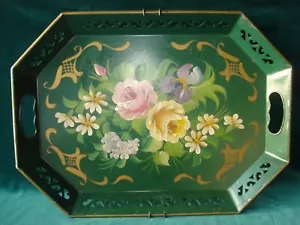 "Bandeja de flores de col rosa pintada a mano Tole de metal verde de colección 18"" X 13""" - Imagen 1 de 12