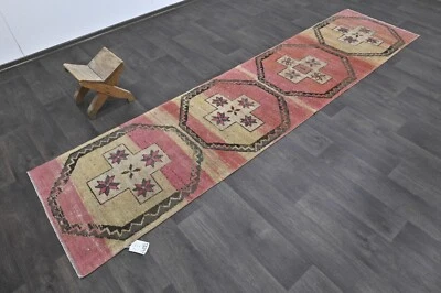 Vintage Turkish Runner Rug 2x10ft Wool Anatolian Handmade Hallway Oushak PINK - Image 1 of 4