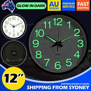 12'' Luminous Quartz Wall Clock Home Decor Night Glow In the Dark Silent Clock - Picture 1 of 9