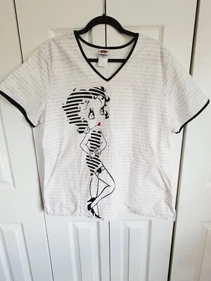 Betty Boop Scrub Top Women's XL Black & Tan Striped Cotton Blend SS V-Neck - Image 1 of 4