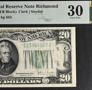 1934D $20 Federal Reserve Note - PMG 30 - Richmond - Narrow - Fr 2058-EN - Picture 1 of 3