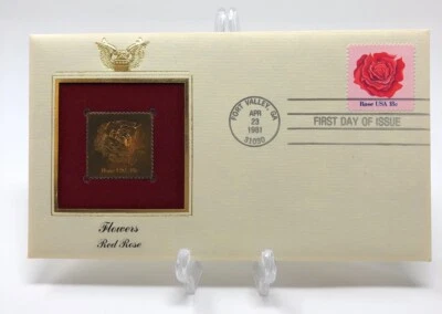 1981 22kt Gold Replica Stamp 1st Day Issue FLOWERS RED ROSE Fort Valley, GA Foto 1 de 3