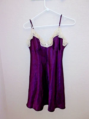 Adonna Plum Poly Satin & Lace Chemise Slip Nightgown Small - Image 1 of 2