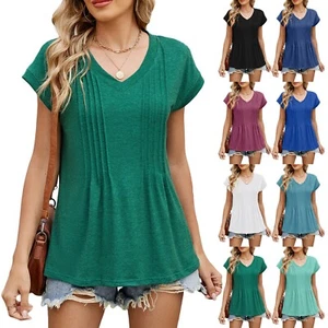 Women's Fashion Solid Color V Neck Loose Short Sleeve Pullover Top T-shirt - Picture 1 of 36