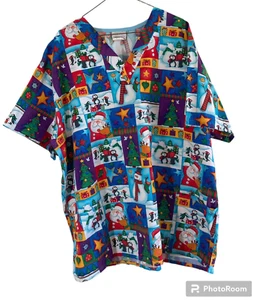 White Swan Women's Scrubs Top XL Christmas Santa 2 Pocket Nurse Medical Cotton - Picture 1 of 10