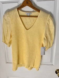 Nine West, Sommer, gelb Ellenbogen Puffärmel gesmoktes Schmuck Bluse Top Neu mit Etikett Gr. Med. - Bild 1 von 8