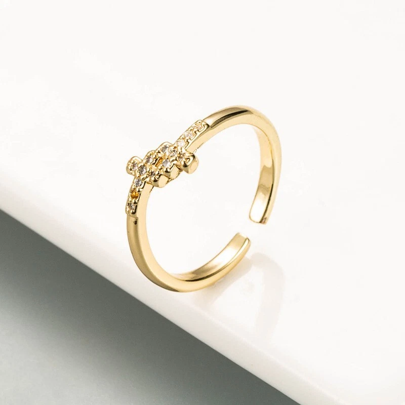 Anillo abierto enchapado en oro de 18 quilates, pavé de circonita cúbica anillo cruzado ajustable JWYS35 Foto 1 de 1